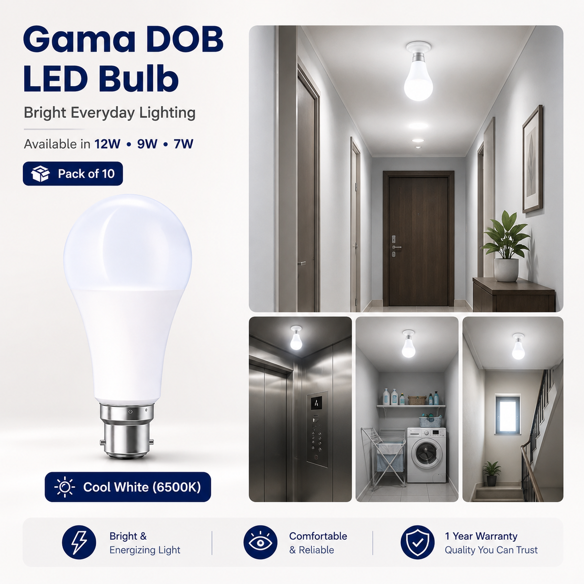 VK LED Gama DOB LED Bulb | 7W, 9W & 12W | Cool White 6500K | B22 Base | Pack of 10