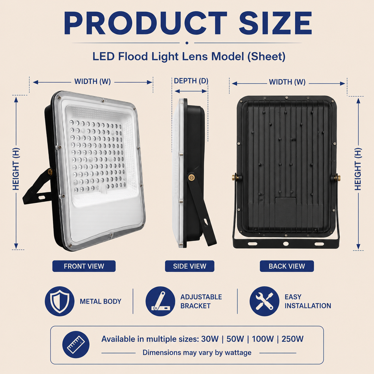 VK LED Flood Light Lens Model (Sheet) | 50W, 120W, 150W & 250W | Pack of 2 PCS