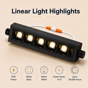 VK LED Linear Light | 10W Warm White | Black Metal Body | Pack of 6
