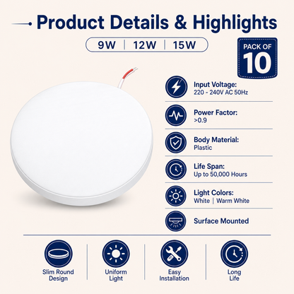 VK LED Round Surface Panel Light | 8W & 15W | Warm White 3000K & Cool White 6500K | Pack of 10
