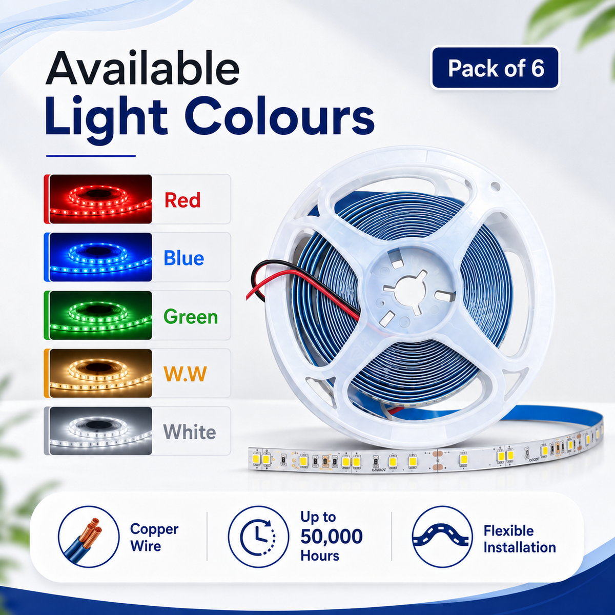 VK LED Strip Light 5 Meter | Red, Blue, Green, Warm White & White | Copper Wire | Pack of 6