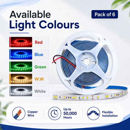 VK LED Strip Light 5 Meter | Red, Blue, Green, Warm White & White | Copper Wire | Pack of 6