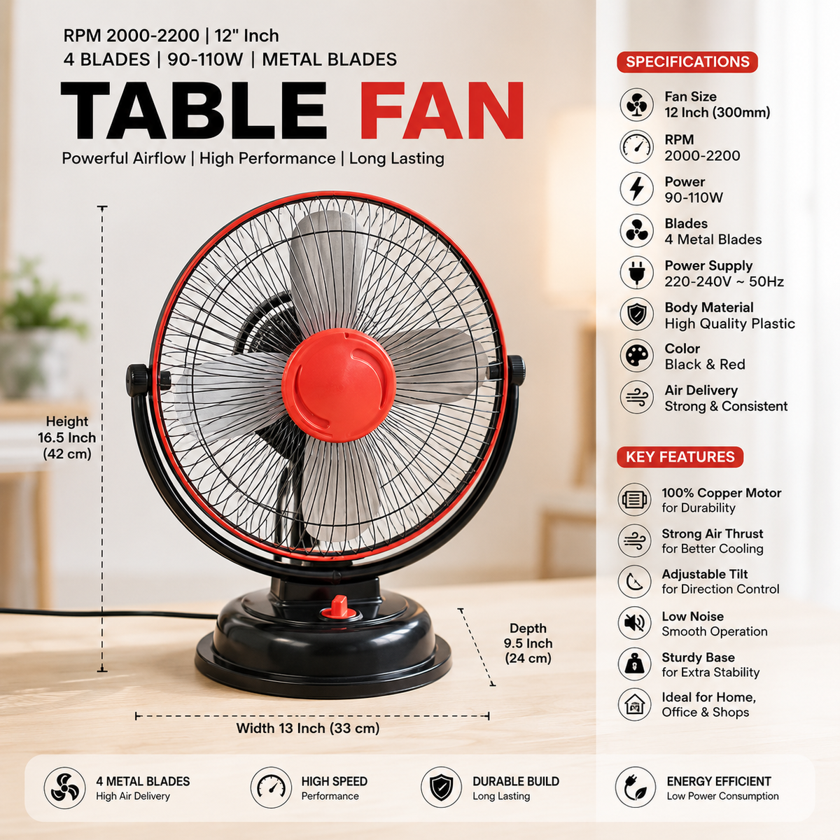 12 Inch Table Fan | 4 Blades | 90-110W | Metal Blades | 2000-2200 RPM | MOQ 2