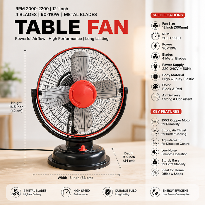 12 Inch Table Fan | 4 Blades | 90-110W | Metal Blades | 2000-2200 RPM | MOQ 2