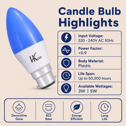 VK LED Candle Bulb | 3W & 5W | B22 Decorative LED Bulb | Multiple Colours | Pack of 4