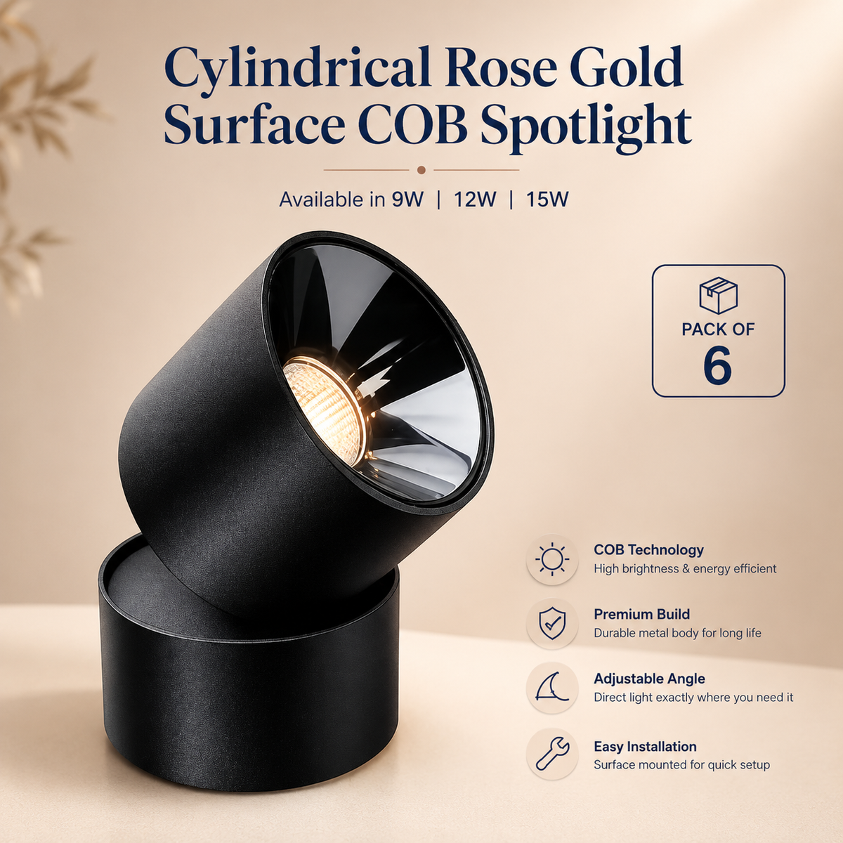VK LED Cylindrical Rose Gold Surface COB Spotlight | 9W, 12W & 15W | White & Warm White