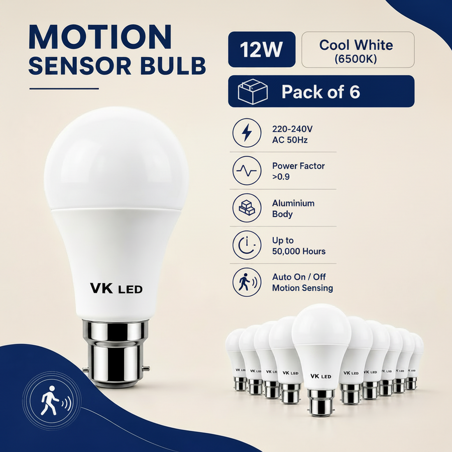 VK LED 12W Motion Sensor Bulb | Cool White 6500K | B22 Sensor LED Bulb | Pack of 6