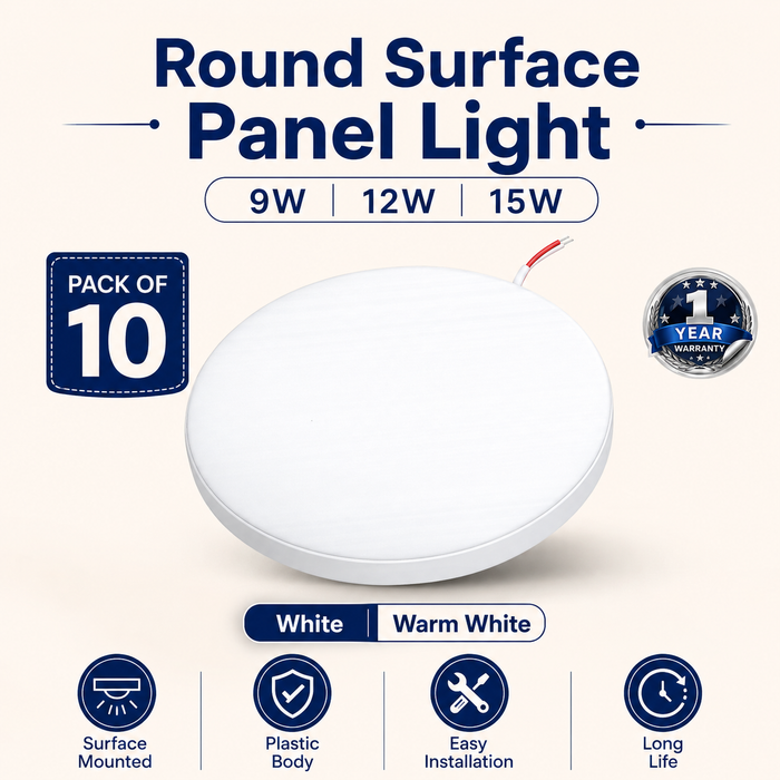 VK LED Round Surface Panel Light | 8W & 15W | Warm White 3000K & Cool White 6500K | Pack of 10