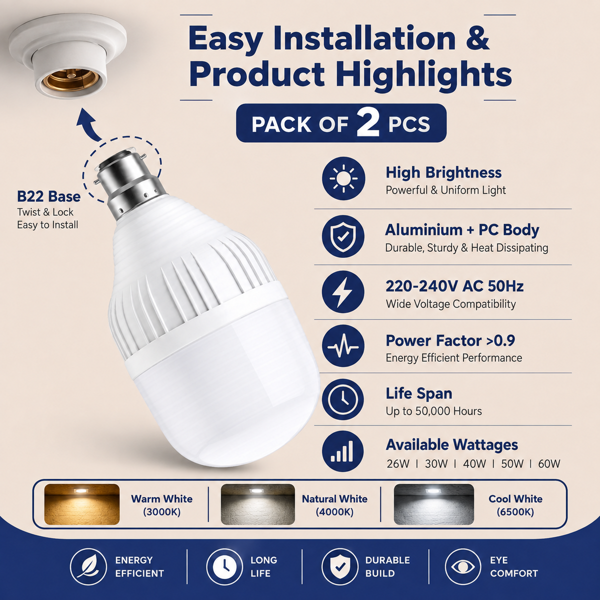 VK LED Dome Bulb | 26W, 30W, 40W, 50W & 60W | B22 LED Bulb | 6500K