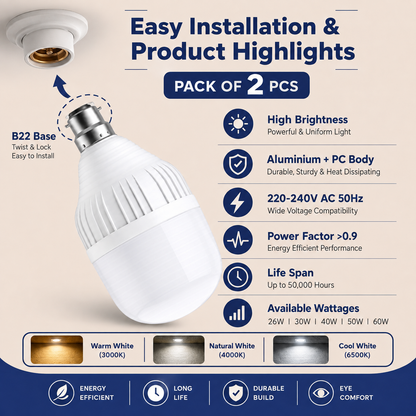 VK LED Dome Bulb | 26W, 30W, 40W, 50W & 60W | B22 LED Bulb | 6500K