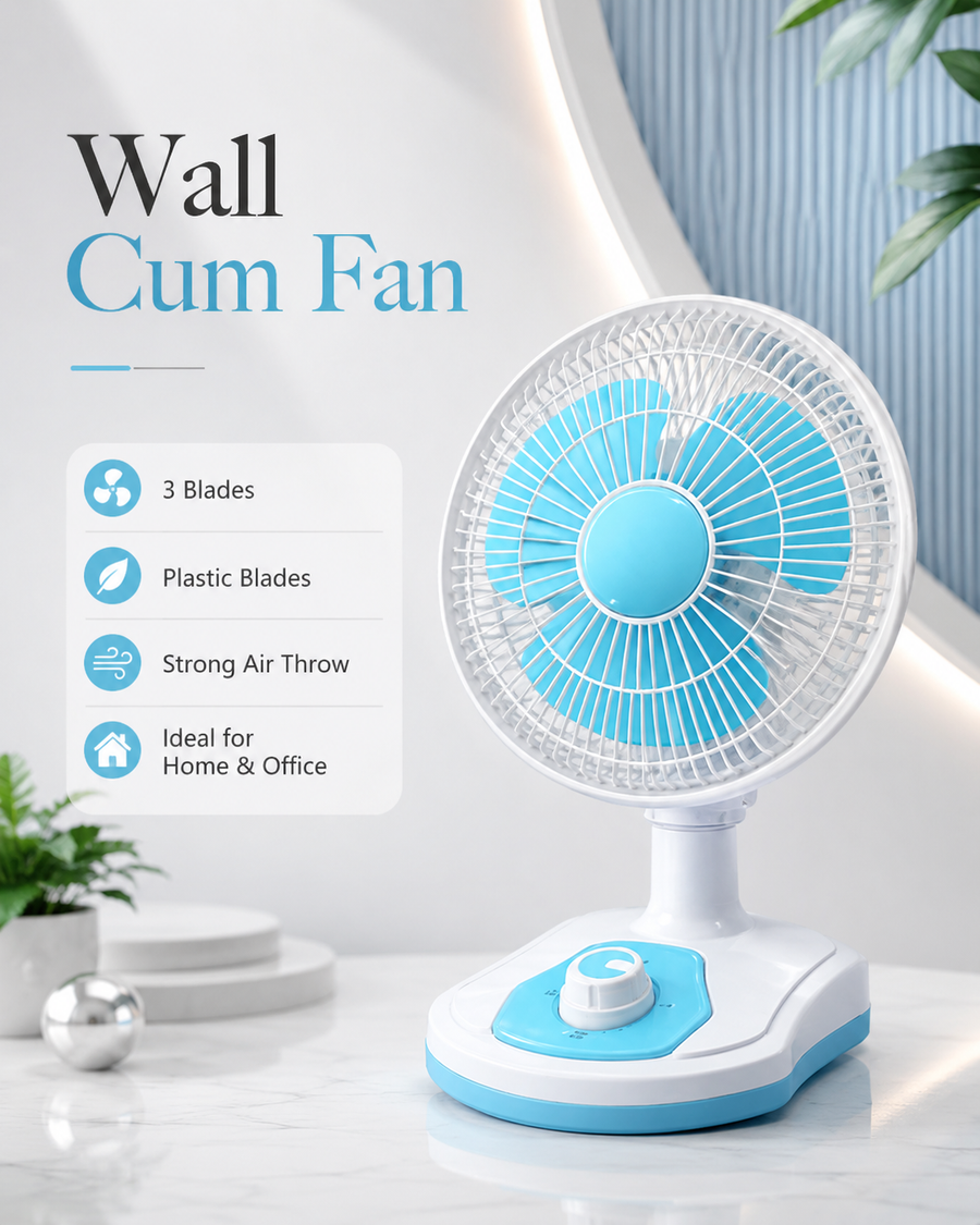 16 Inch Wall Cum Table Fan | 3 Plastic Blades | 80-100W | 1300-1350 RPM | Pack of 2