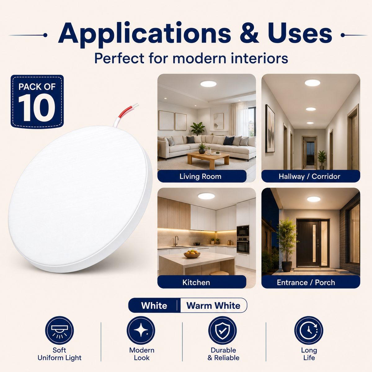 VK LED Round Surface Panel Light | 8W & 15W | Warm White 3000K & Cool White 6500K | Pack of 10