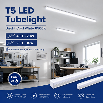 VK LED T5 LED Tubelight | 10W 2FT & 20W 4FT | Cool White 6500K | Pack of 6