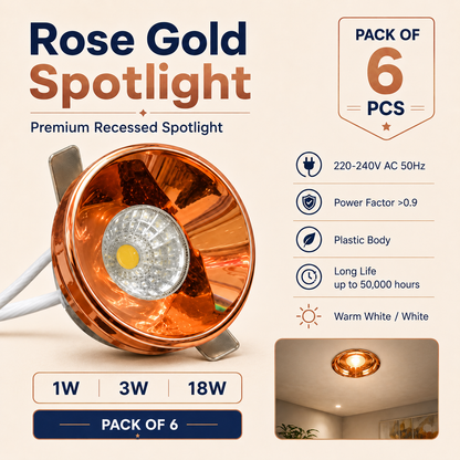 VK LED Rose Gold Spot Light (Makkhe) | 1W, 3W | White & Warm White | Pack of 6