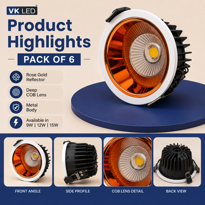 VK LED Deep COB Rose Gold Light | 9W, 12W & 15W | White & Warm White | Recessed Ceiling Spotlight