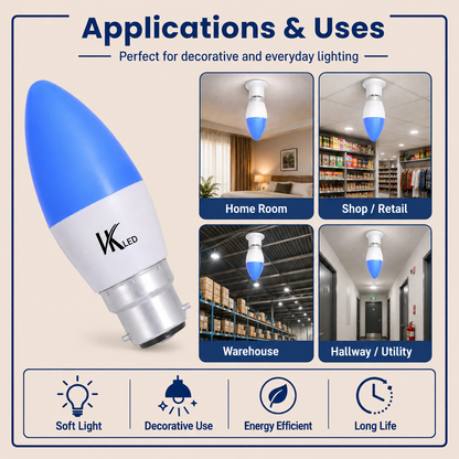 VK LED Candle Bulb | 3W & 5W | B22 Decorative LED Bulb | Multiple Colours | Pack of 4