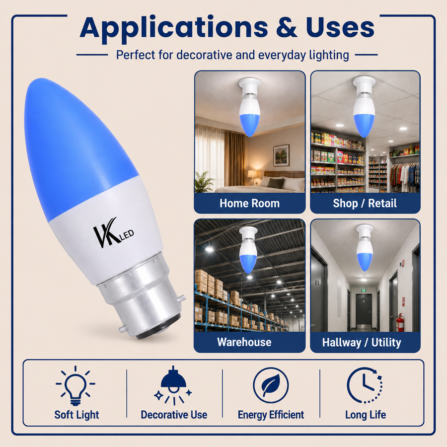 VK LED Candle Bulb | 3W & 5W | B22 Decorative LED Bulb | Multiple Colours | Pack of 4
