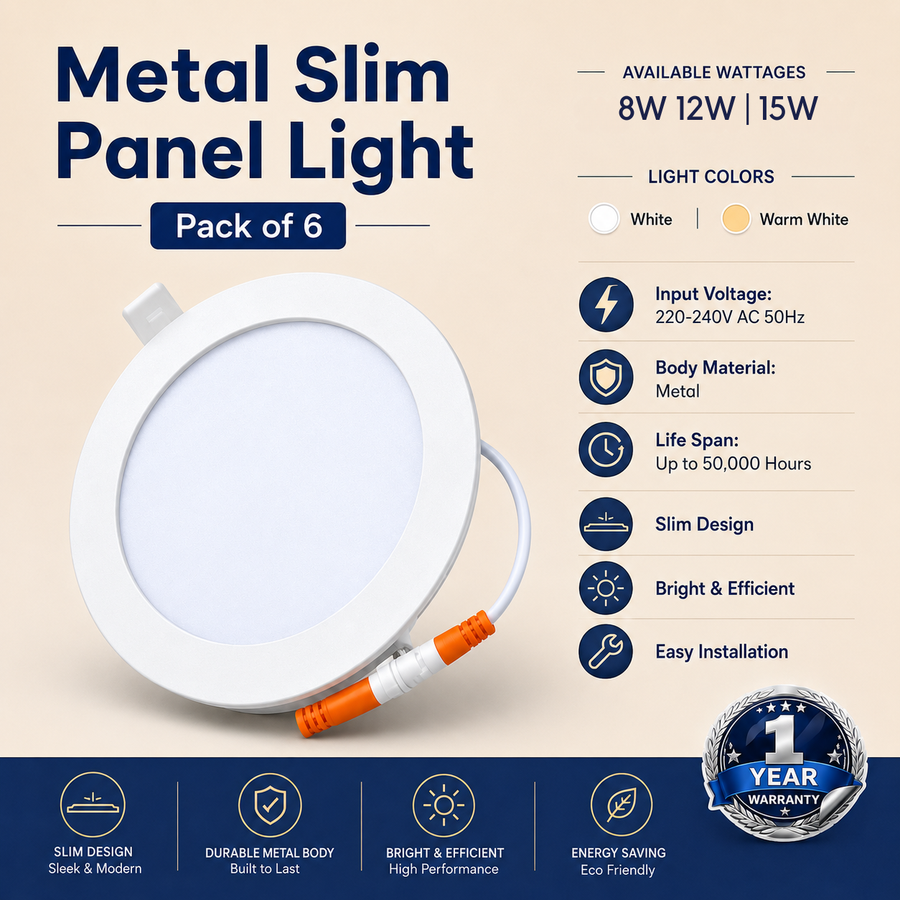 VK LED Metal Slim Panel Light | 8W, 12W & 15W | White & Warm White | Round Recessed Ceiling Light