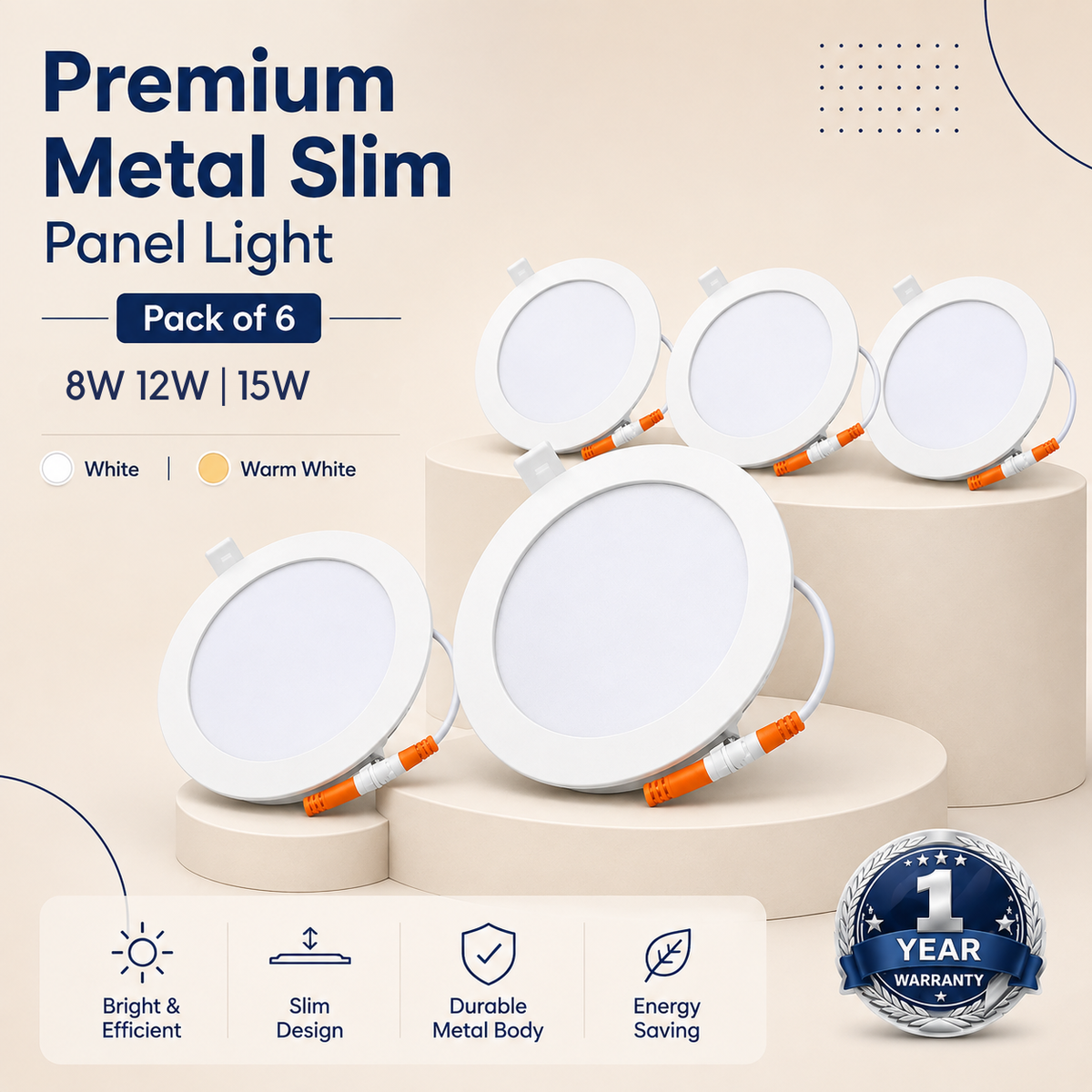 VK LED Metal Slim Panel Light | 8W, 12W & 15W | White & Warm White | Round Recessed Ceiling Light