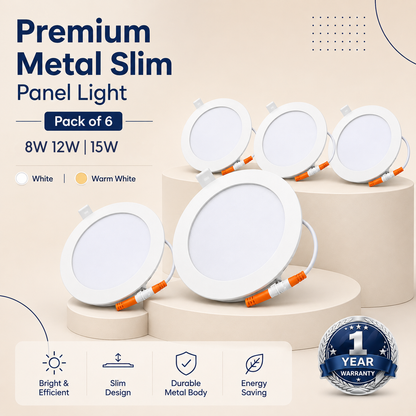 VK LED Metal Slim Panel Light | 8W, 12W & 15W | White & Warm White | Round Recessed Ceiling Light