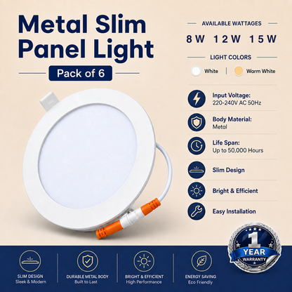 VK LED Metal Slim Panel Light | 8W, 12W & 15W | White & Warm White | Round Recessed Ceiling Light