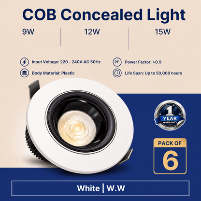 VK LED COB Concealed Light | 9W, 12W & 15W | White & Warm White | Recessed Ceiling Spotlight