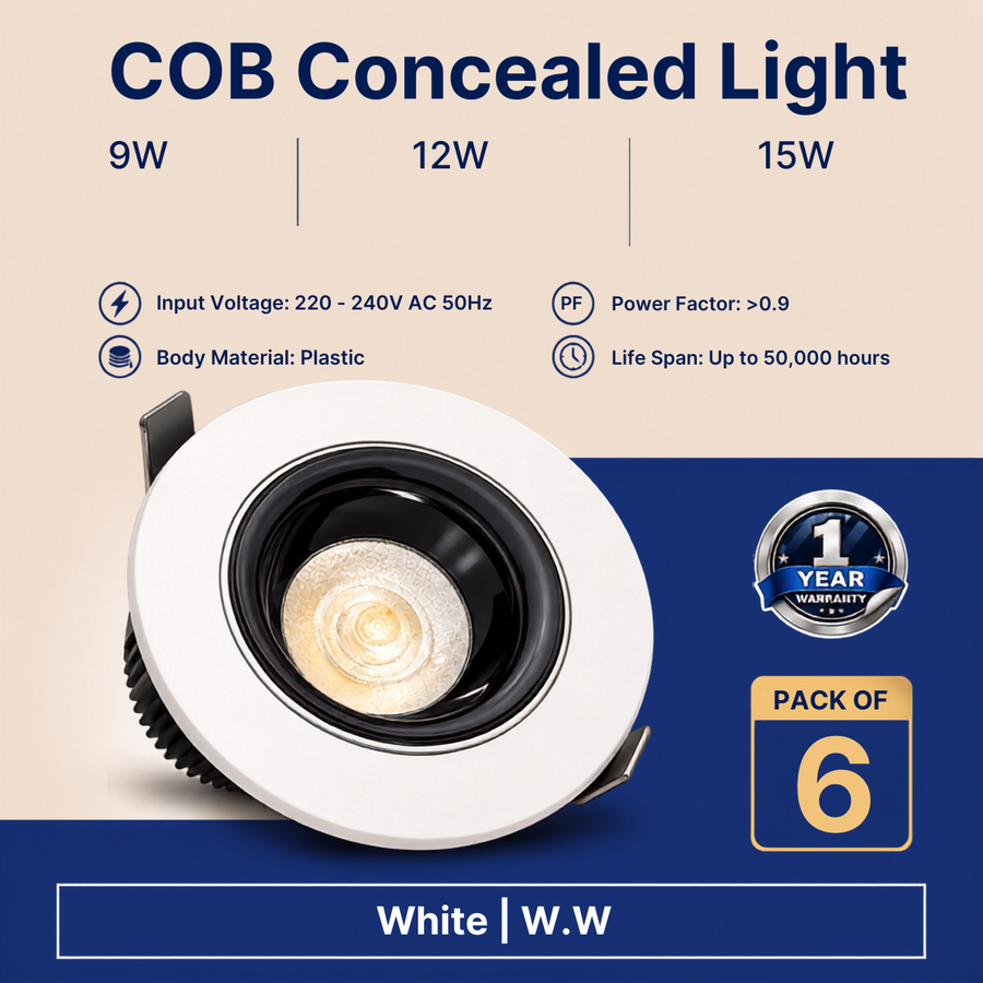 VK LED COB Concealed Light | 9W, 12W & 15W | White & Warm White | Recessed Ceiling Spotlight