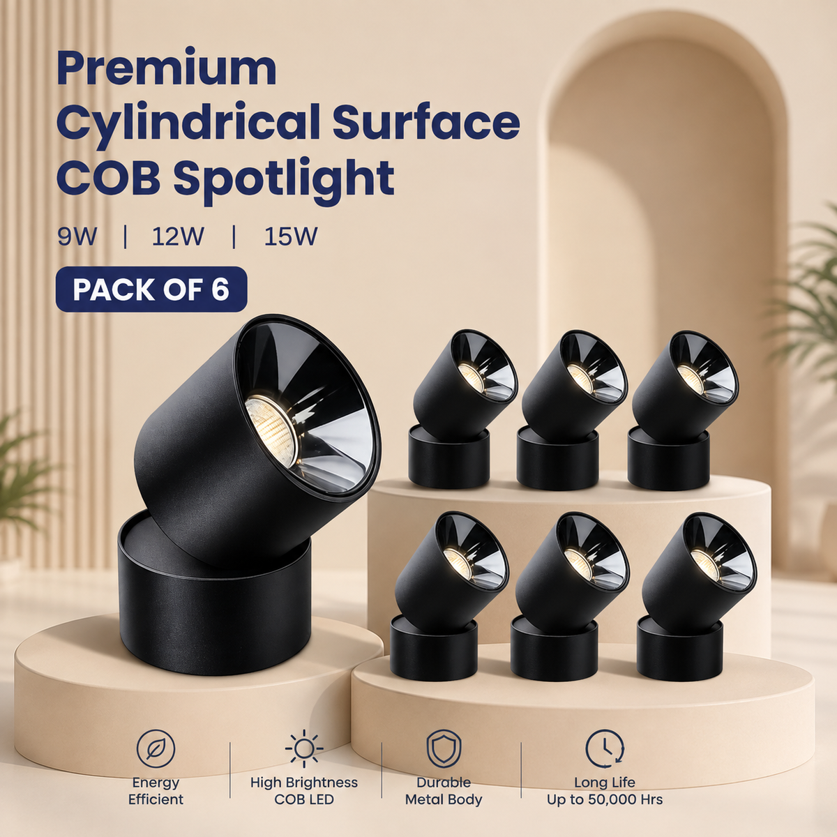 VK LED Cylindrical Rose Gold Surface COB Spotlight | 9W, 12W & 15W | White & Warm White