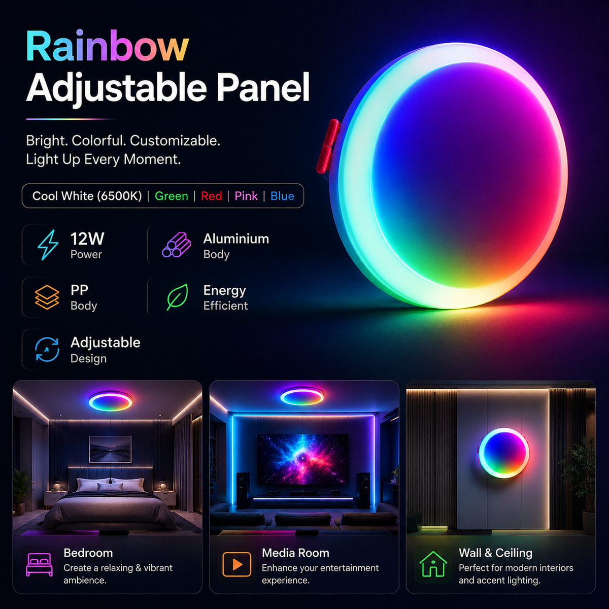 12W Rainbow Adjustable LED Panel Light – Multi Colour Decorative Wall & Ambient Light