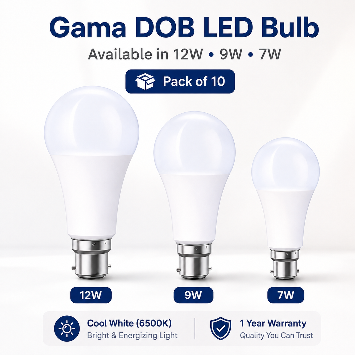 VK LED Gama DOB LED Bulb | 7W, 9W & 12W | Cool White 6500K | B22 Base | Pack of 10