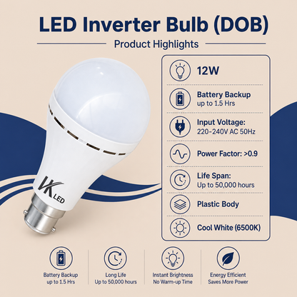 VK LED 12W Inverter Bulb (Gama) | B22 Rechargeable Emergency LED Bulb | Cool White 6500K | Pack of 4