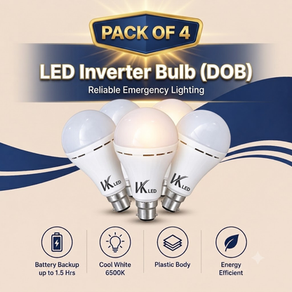 VK LED 12W Inverter Bulb (Gama) | B22 Rechargeable Emergency LED Bulb | Cool White 6500K | Pack of 4