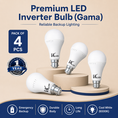 VK LED 12W Inverter Bulb (Gama) | B22 Rechargeable Emergency LED Bulb | Cool White 6500K | Pack of 4