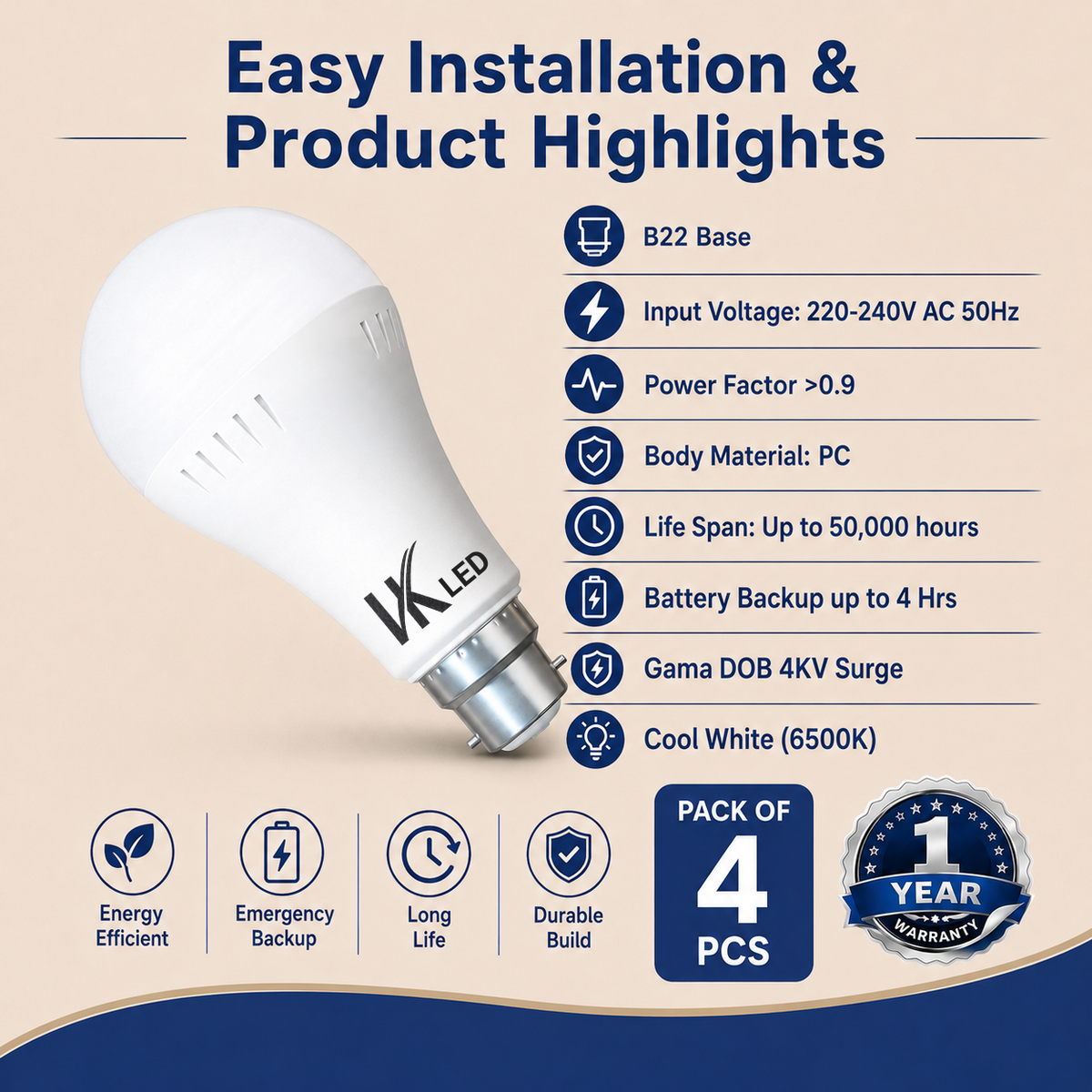 VK LED 12W Inverter Bulb (Gama) | B22 Rechargeable Emergency LED Bulb | Cool White 6500K | Pack of 4