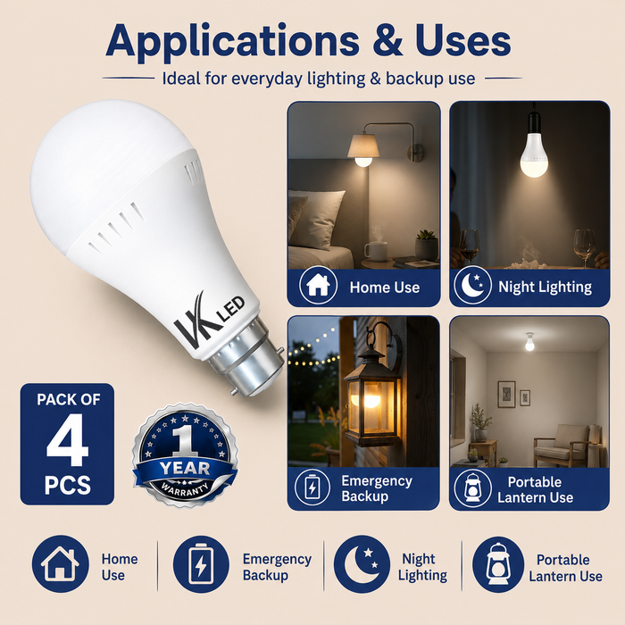 VK LED 12W Inverter Bulb (Gama) | B22 Rechargeable Emergency LED Bulb | Cool White 6500K | Pack of 4