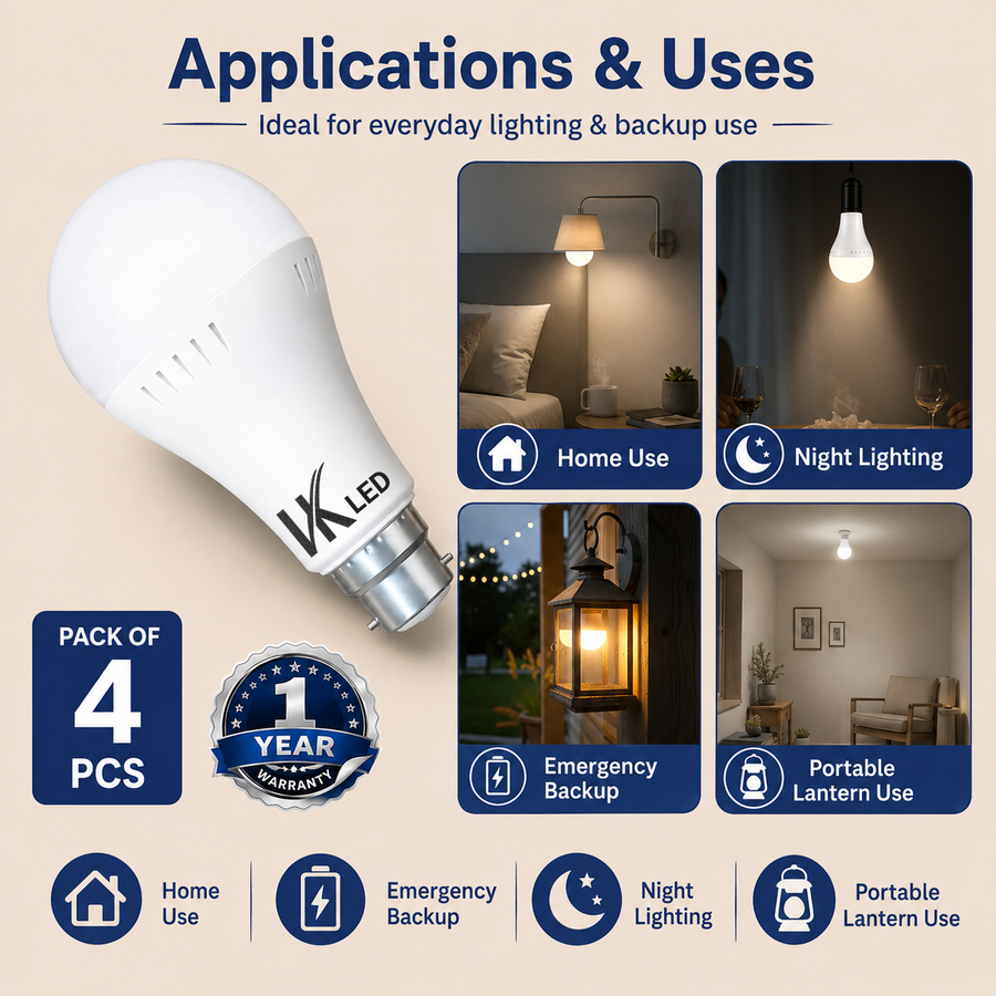 VK LED 12W Inverter Bulb (Gama) | B22 Rechargeable Emergency LED Bulb | Cool White 6500K | Pack of 4