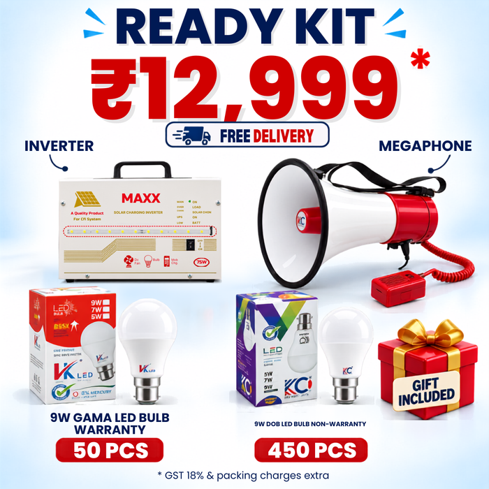 VK LED Ready Kit | 9W Gama LED Bulb 50 Pcs + 9W DOB LED Bulb 450 Pcs + Inverter + Megaphone + Gift