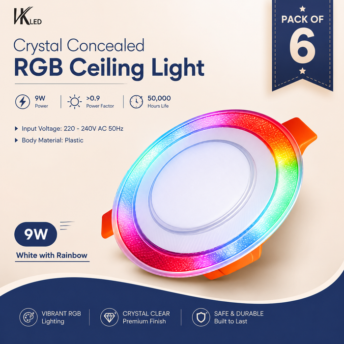 VK LED 9W Crystal Concealed RGB Ceiling Light | White with Rainbow Multicolour | Pack of 6