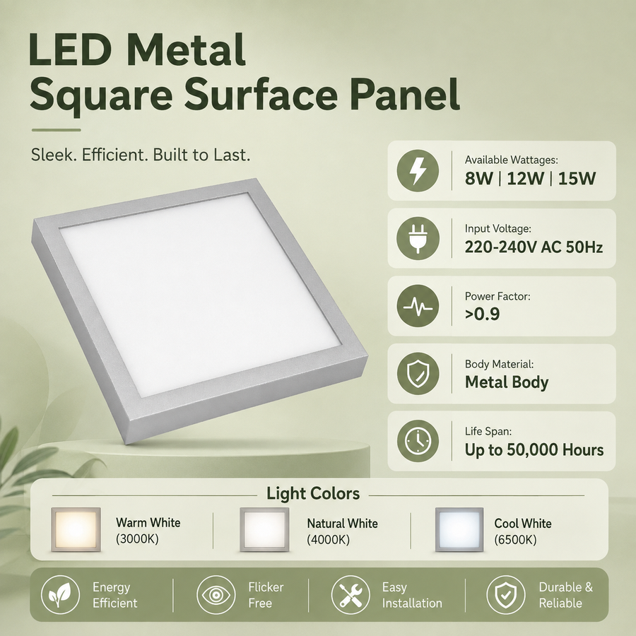 VK LED Metal Square Surface Panel Light | 8W & 15W | Surface Mounted Ceiling Light