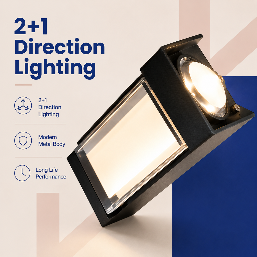 VK LED 2+1 Way Wall Light | 9W Warm White | Outdoor Decorative Wall Lamp | Pack of 6