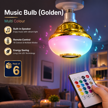 VK LED 12W Music Bulb (Golden) | RGB Multicolour Bluetooth Speaker Bulb with Remote | Pack of 6
