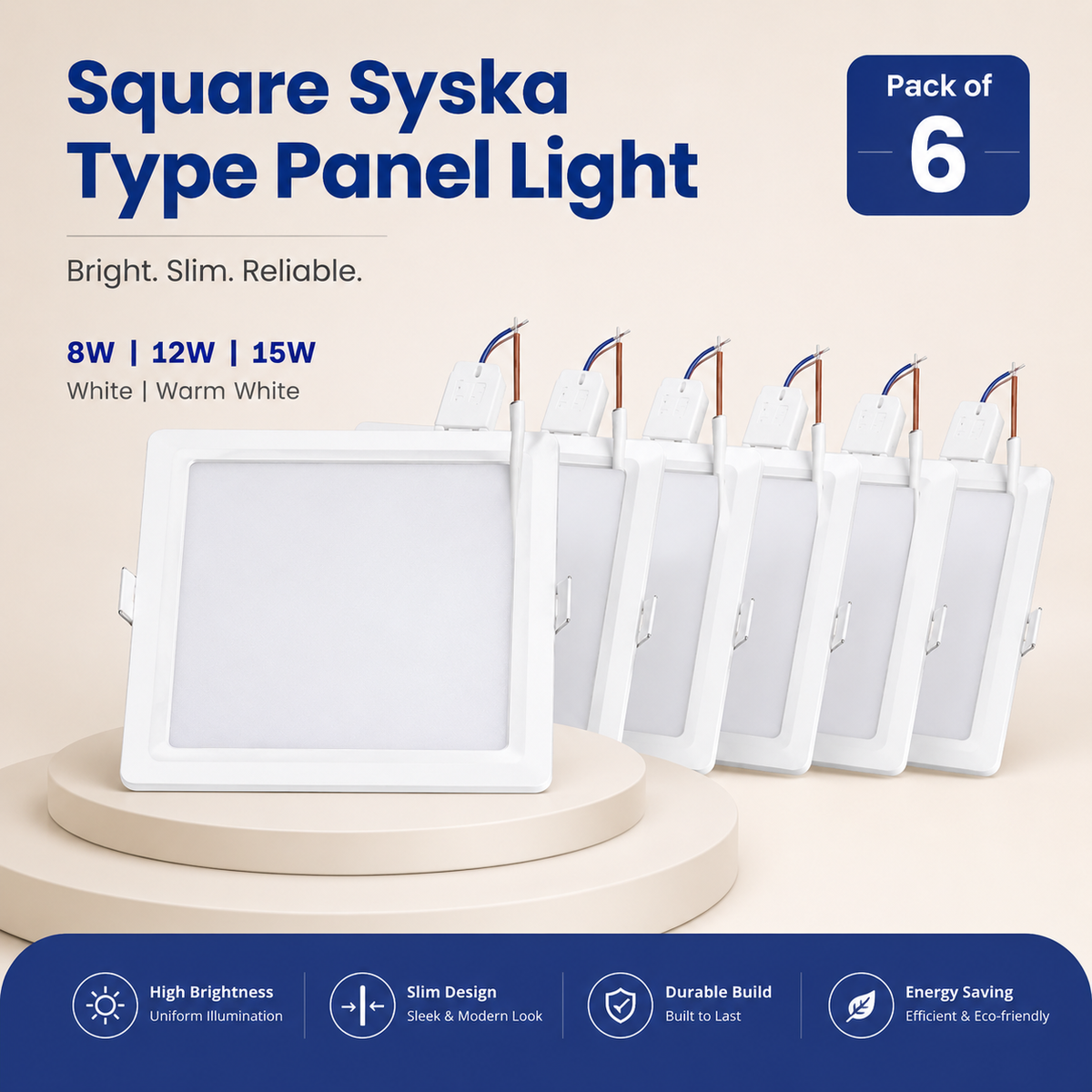 VK LED Square Syska Type Panel Light | 8W, 12W, 15W & 18W | White & Warm White