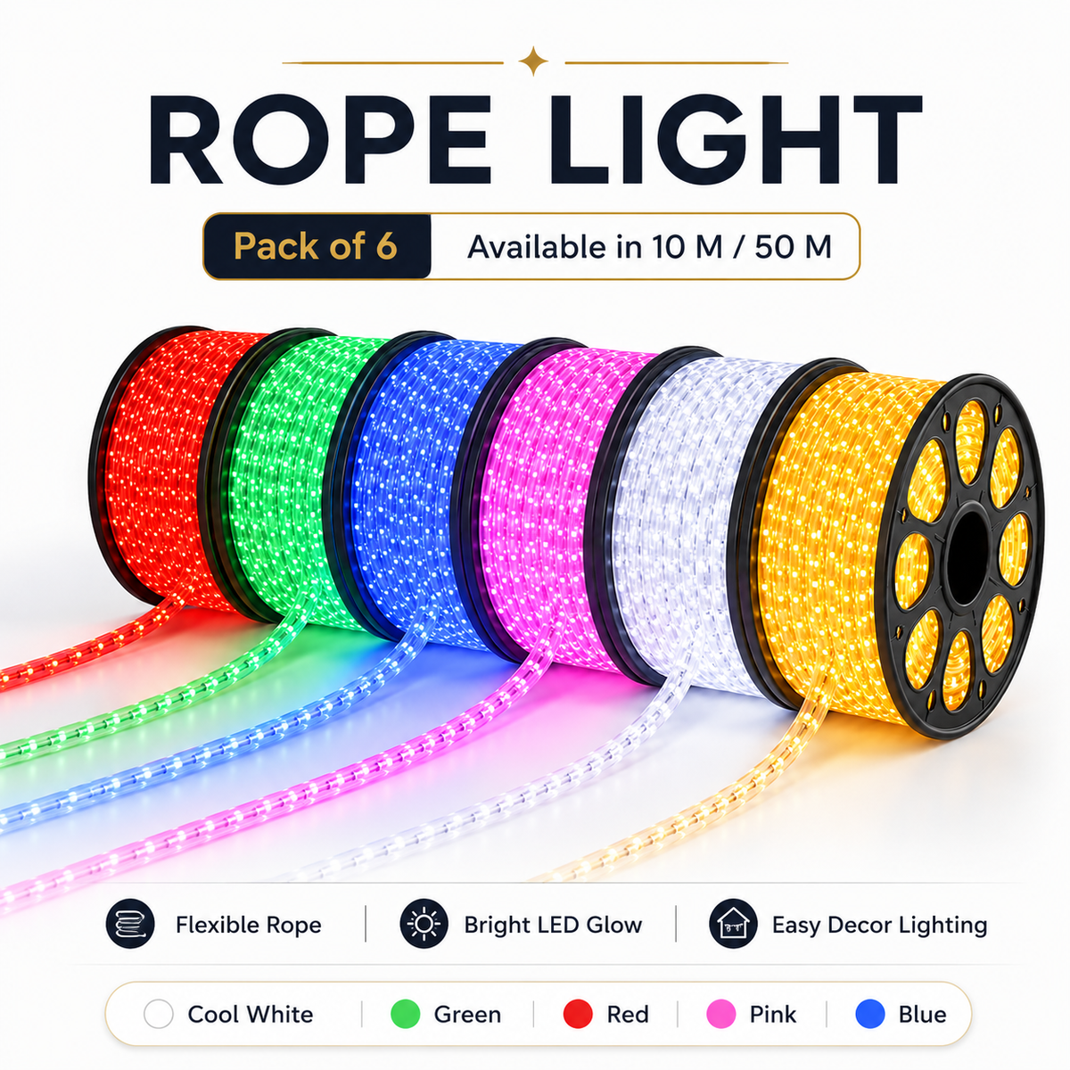 VK LED Rope Light | 10M & 50M | Cool White, Green, Red, Pink & Blue | Pack of 6