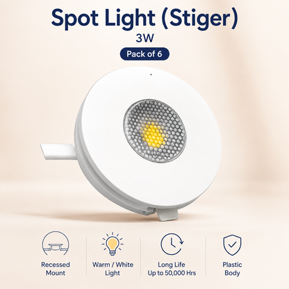 VK LED 3W Spot Light (Stiger) | White & Warm White | Recessed Ceiling Light | Pack of 6