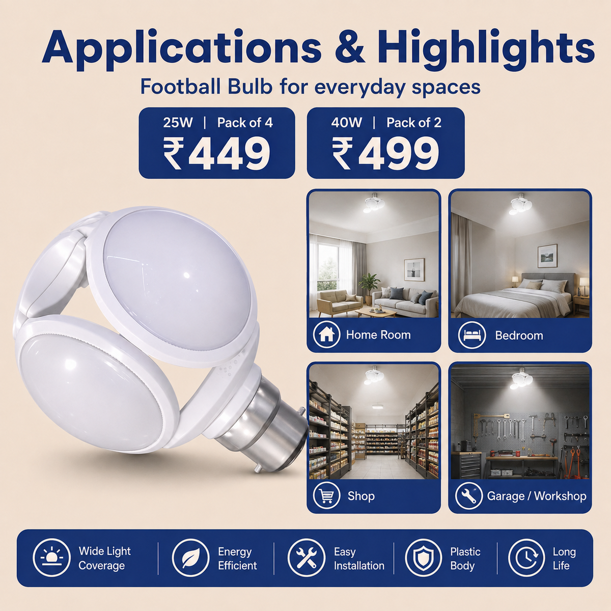 VK LED Football Bulb | 25W & 40W | B22 High Brightness LED Bulb | Cool White 6500K