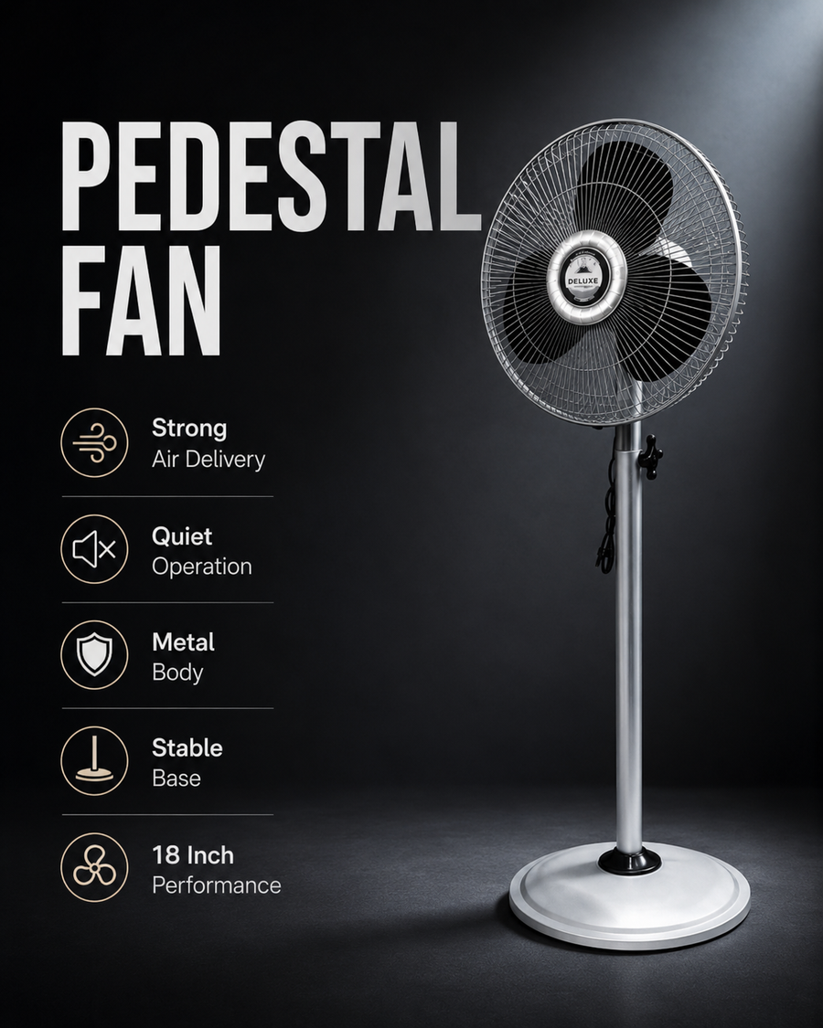 18 Inch Pedestal Fan | 3 Blades | 75-90W | 2000-2200 RPM | Metal Body | MOQ 1
