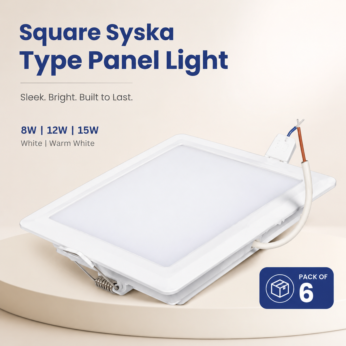 VK LED Square Syska Type Panel Light | 8W, 12W, 15W & 18W | White & Warm White