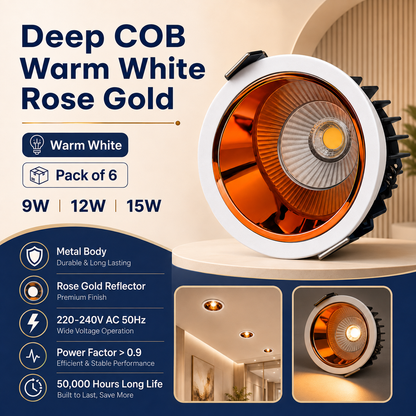 VK LED Deep COB Rose Gold Light | 9W, 12W & 15W | White & Warm White | Recessed Ceiling Spotlight