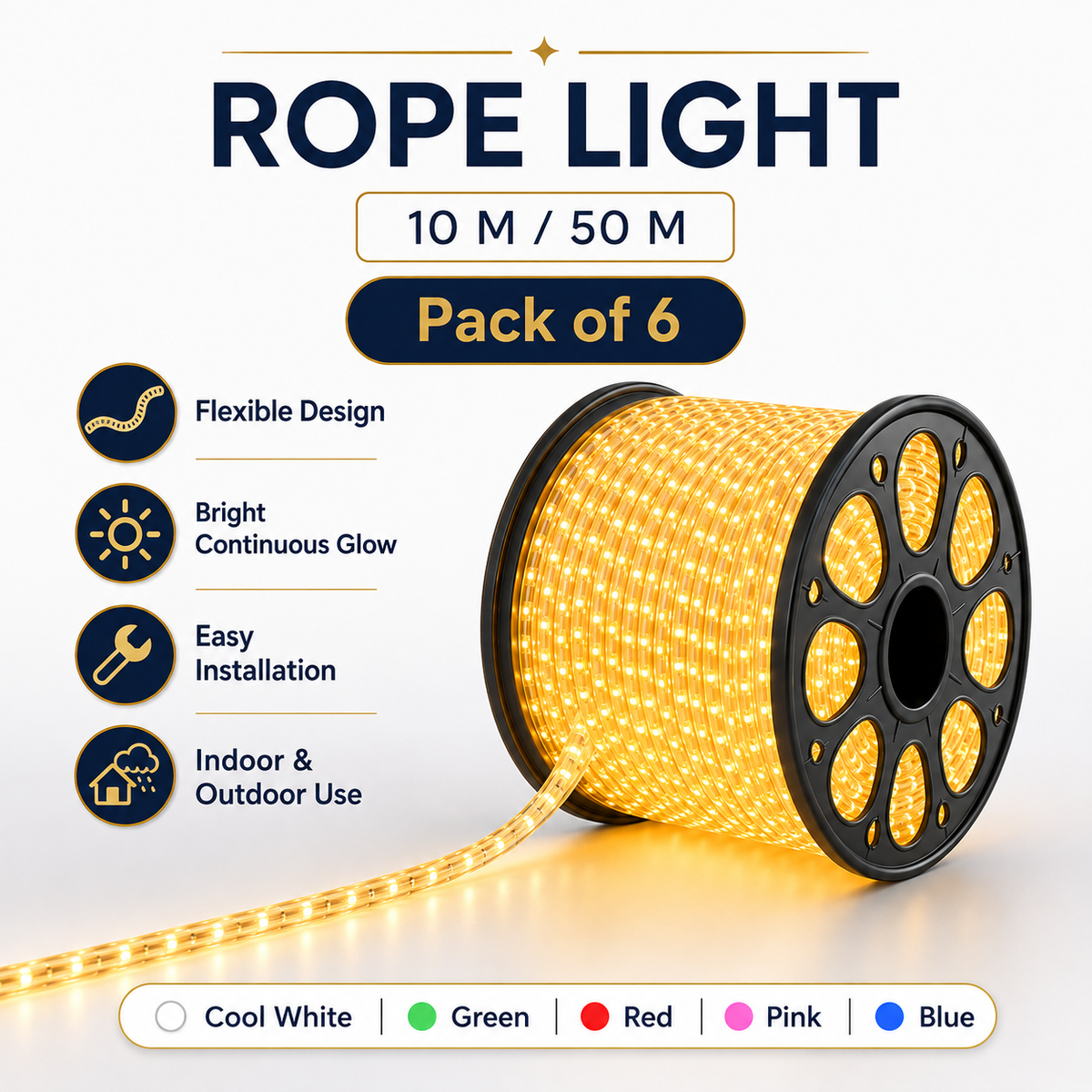 VK LED Rope Light | 10M & 50M | Cool White, Green, Red, Pink & Blue | Pack of 6