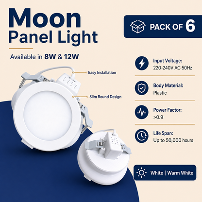 VK LED Moon Panel Light | 8W & 12W | White & Warm White | Recessed Ceiling Light | Pack of 6
